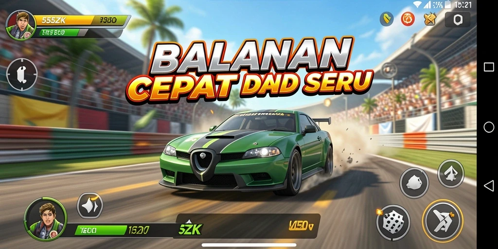 Tampilan gameplay balapan intens dalam 555ZK dengan efek visual yang mengesankan.