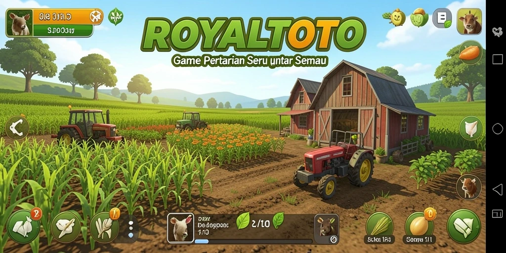 Screenshot gameplay ROYALTOTO menampilkan petani yang merawat ladang penuh tanaman hijau.